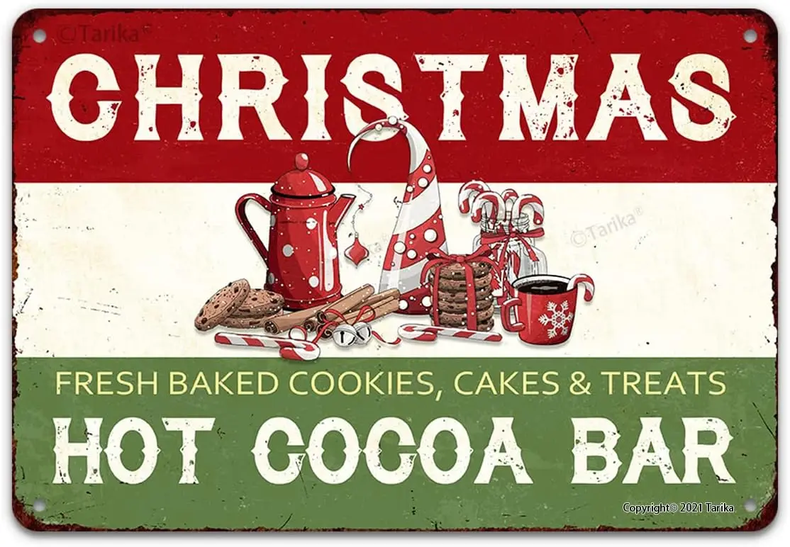 Christmas Baked Cookies, Cakes & Treats Hot Cocoa Bar Funny Vintage Metal Tin Sign Wall Decor for Home, Farmhouuse, Ba