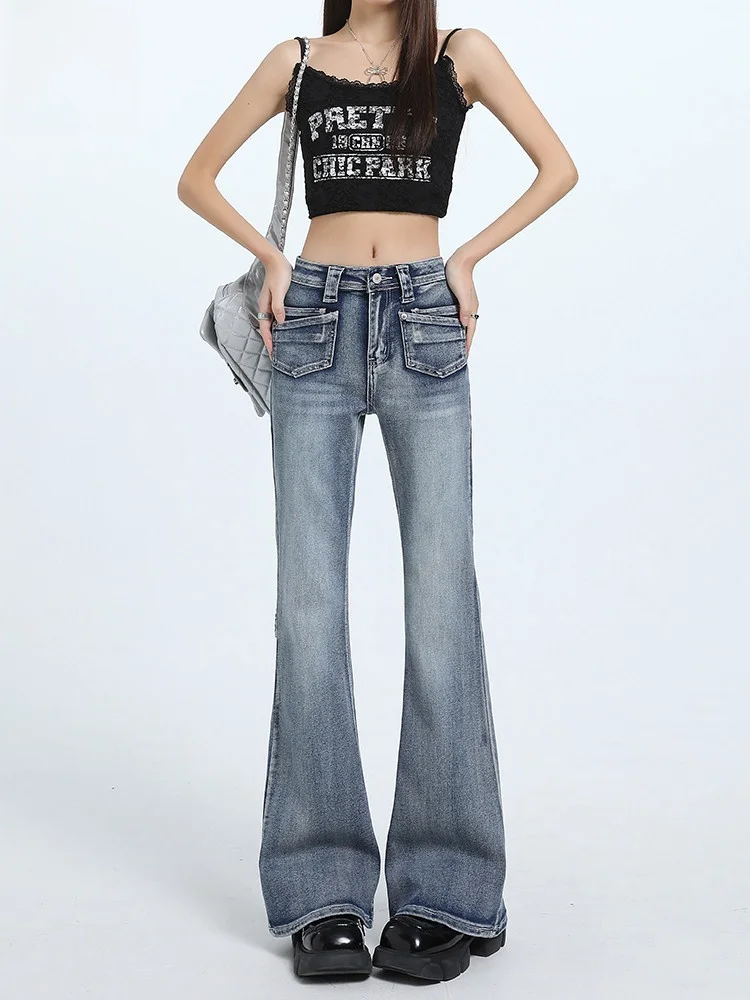 

Американские ретро джинсы-колокольчики с низкой талией, женские летние новые дизайнерские утягивающие брюки для девочек, повседневные джинсовые синие джинсы с завышенной талией