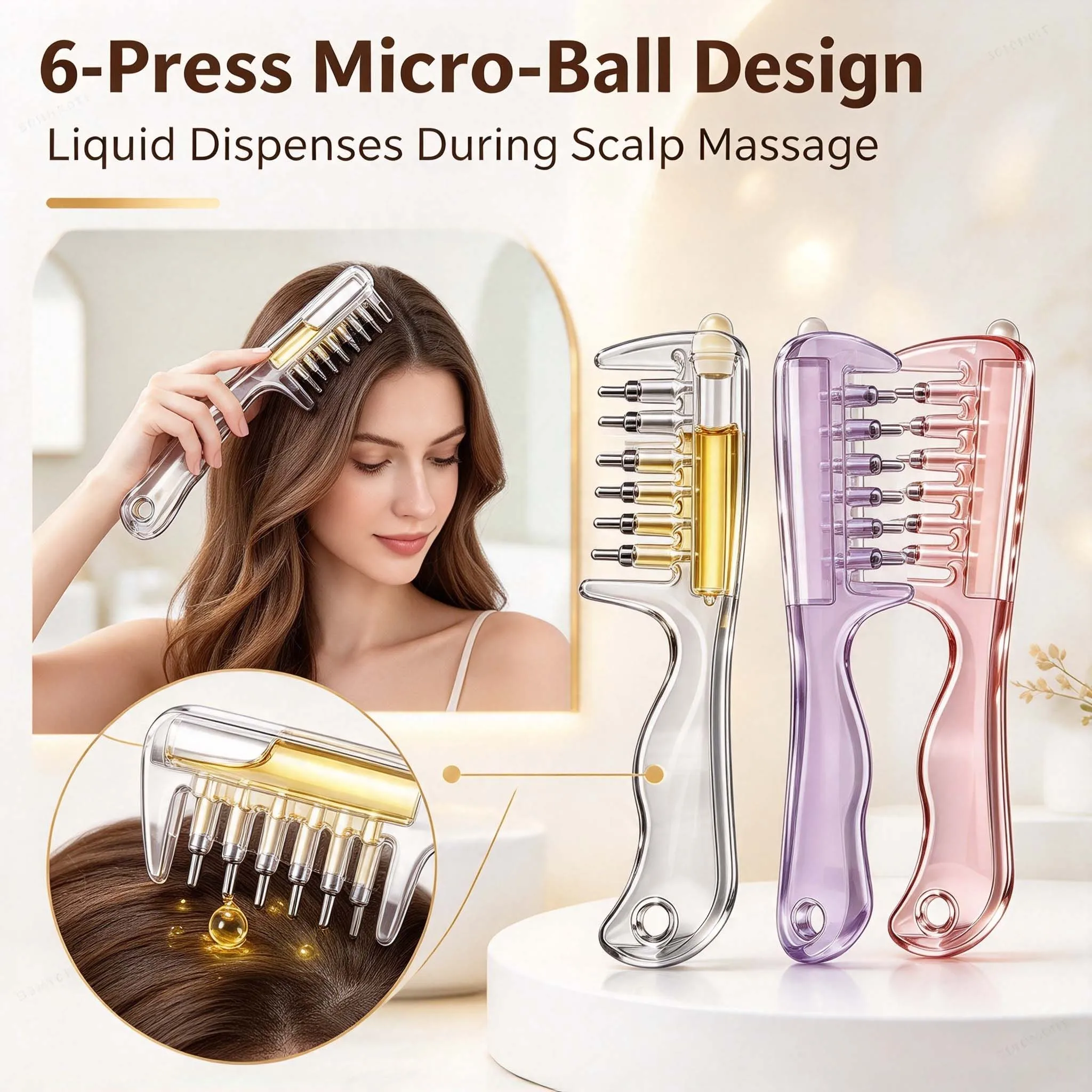 Multi-function Liquid Applicator Comb Built-In Reservoir Rolling Metal Teeth for Scalp Massage Hair Growth Nourishing Care Tool