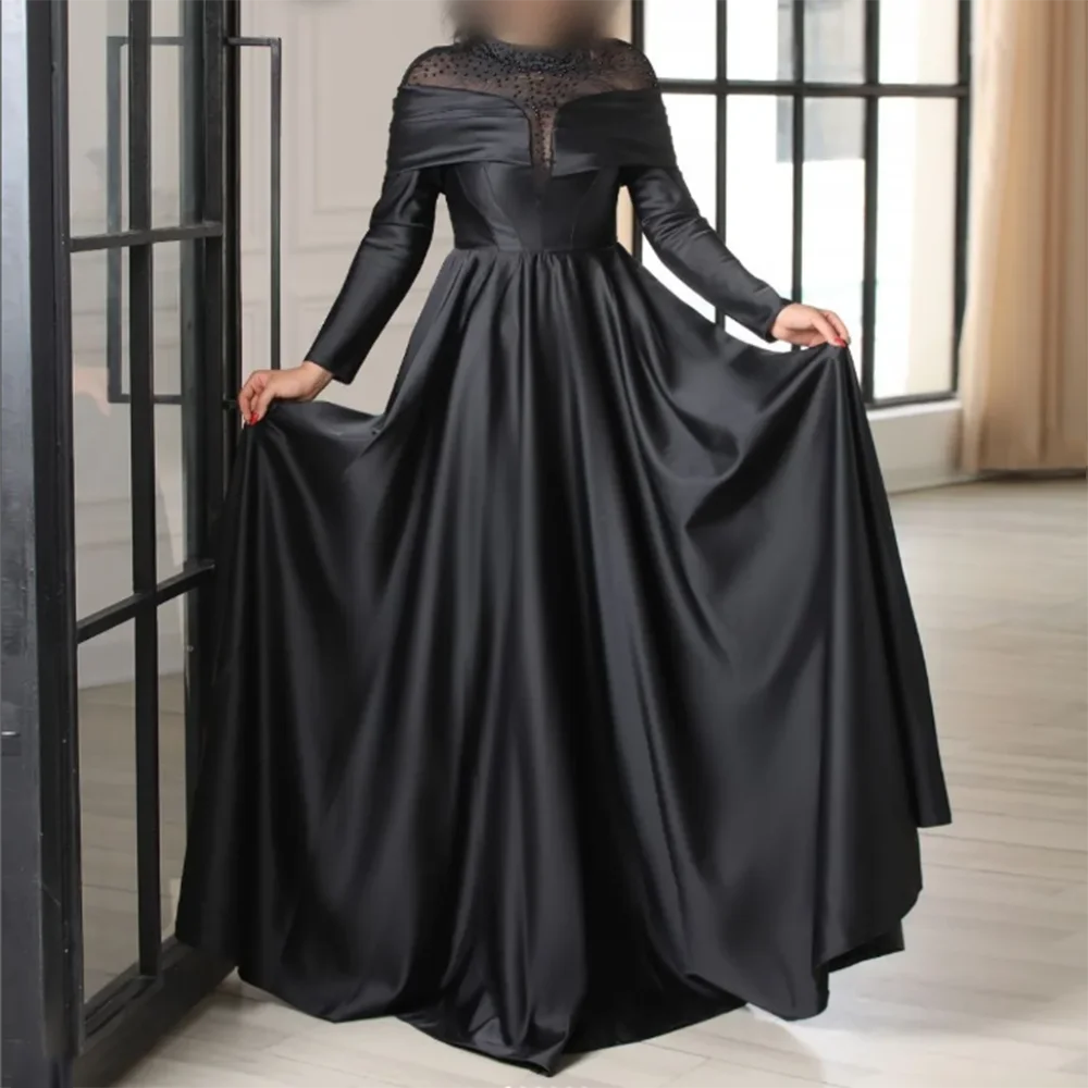 

Customized A-Line Prom Dresses Floor-Length High-Neck Full Sleeve Evening Gown Fashion Beading Simple Draped Casual Party Gown
