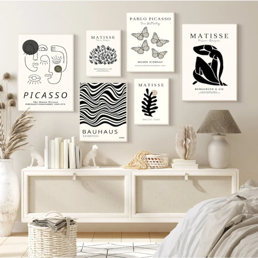 1 Frameless Black and White Poster Canvas Painting, Matisse and Bauhaus Posters, Digital Download, Living Room Decoration