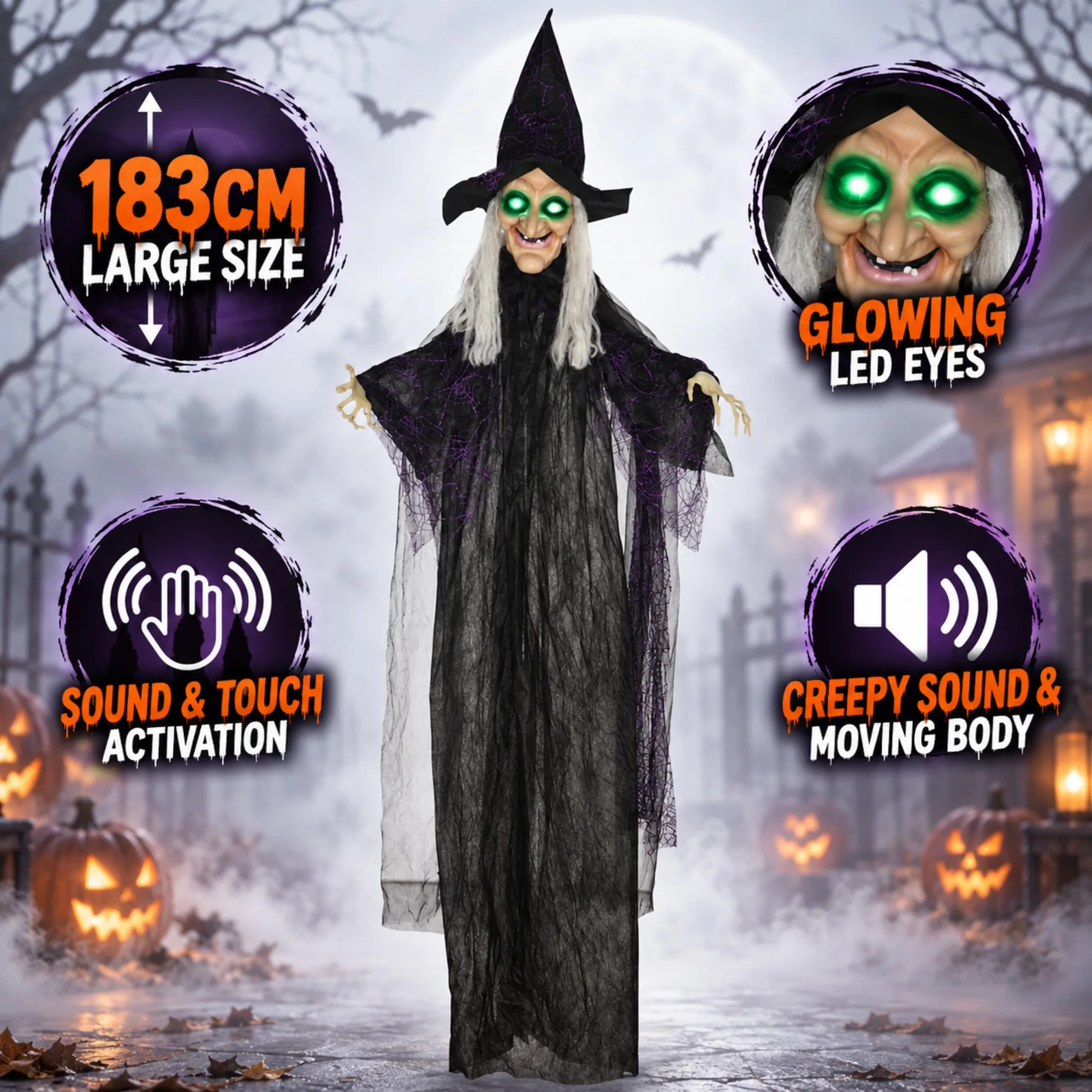 Decorazione di Halloween a forma di strega animata, alta 183 cm, con sensore a contatto e suoni, occhi a LED rossi, corpo in movimento, strega spaventosa da appendere, alimentata a batteria, ideale