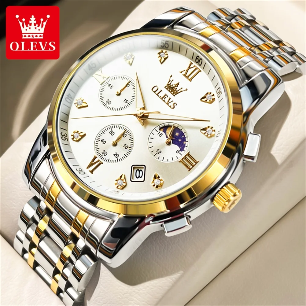 OLEVS 2858 Herenhorloge Luxe merk quartz horloge Multifunctionele chronograaf Waterdicht lichtgevend maanfasehorloge Trend herenhorloge