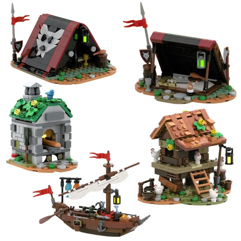 

MOC 152293 Пиратская рыбацкая лодка 153816 Средневековая палатка 155126 Сборка мелких частиц Строительные блоки Хлебопечка Маленькая игрушка-домик