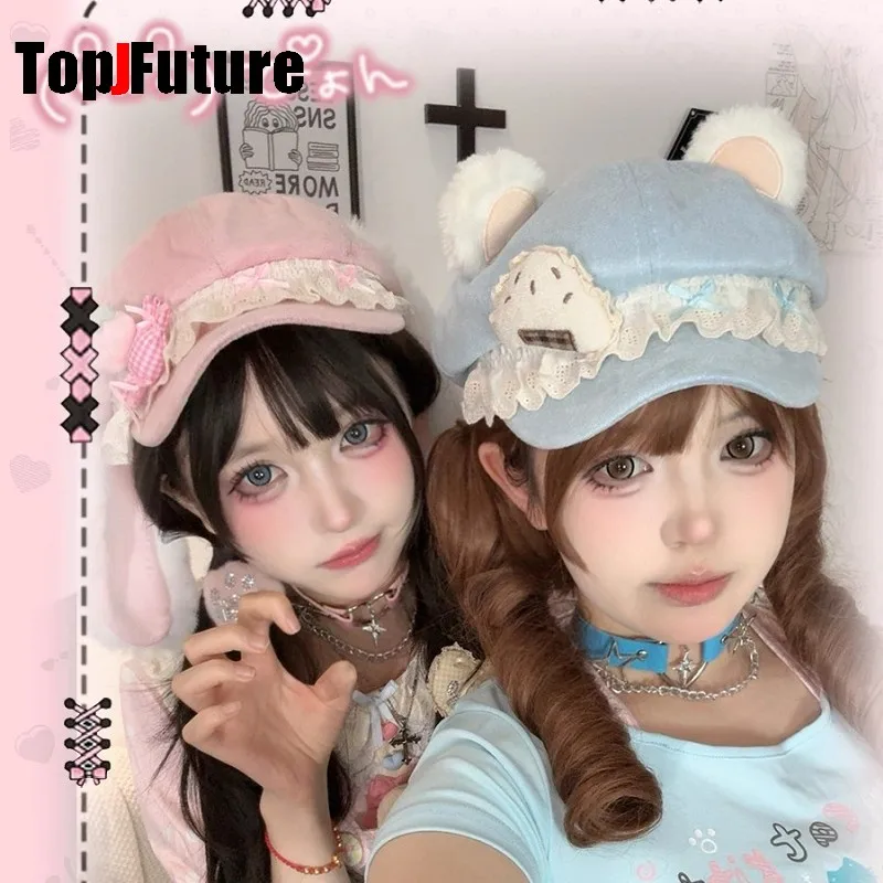Y2K Women's Bear Ear Ballet Style Beret Dark Gothic Lolita Japanese Trend Neutral Black Painter Hat Octagonal Cap for Cosplay