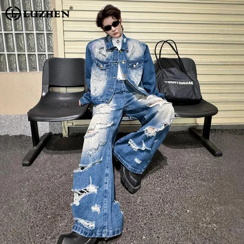 LUZHEN 2024 Autumn Bleached Denim Jacket Hollow Patched Design Trendy Streetwear Denim Pants Two Piece Sets Men Clothing LZ6682