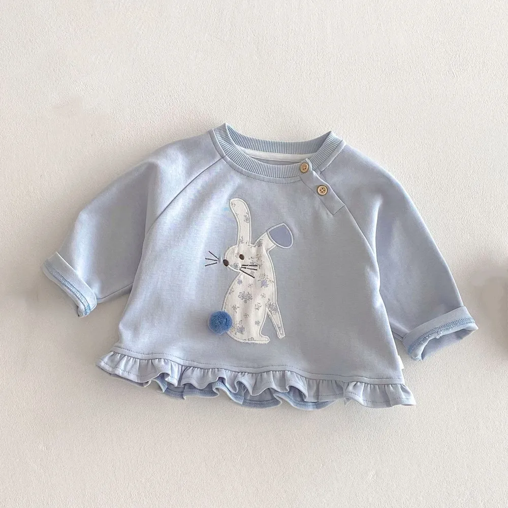 0-5T baby sweatershirt kids tops spring blue color Cartoon embroidered bunny pattern cute hoodie girls clothes