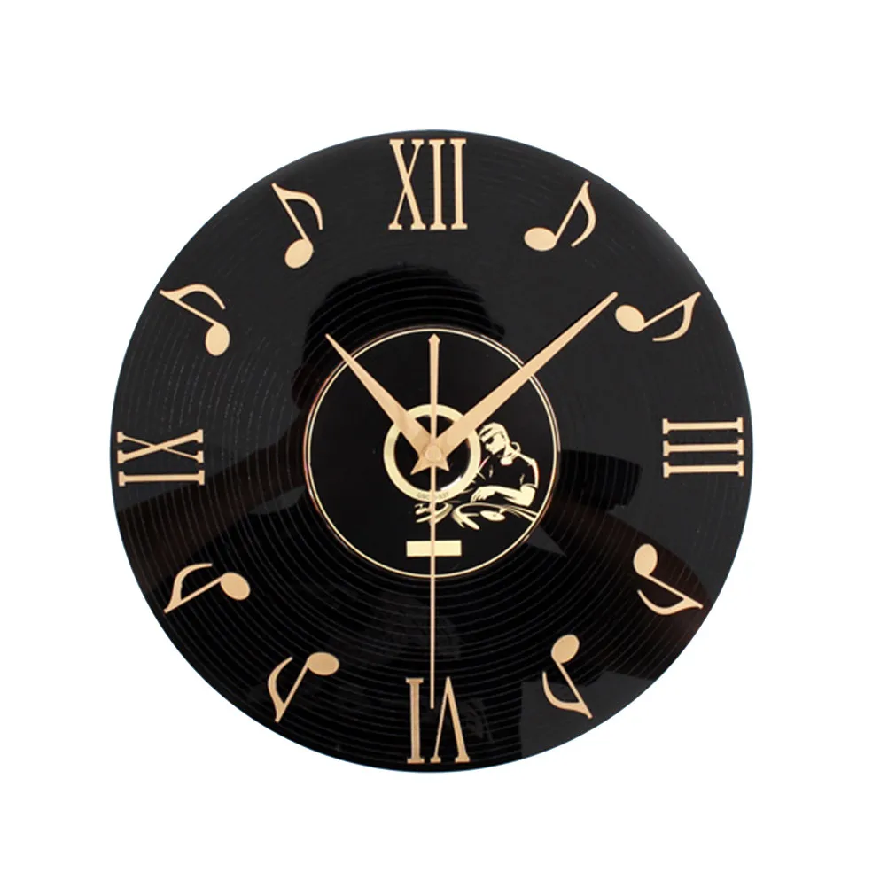 Golden Black Vinyl Record Wall Clock Premium Acrylic Build Note Motif Retro Music Theme for Office Home Wall Decoration Gift