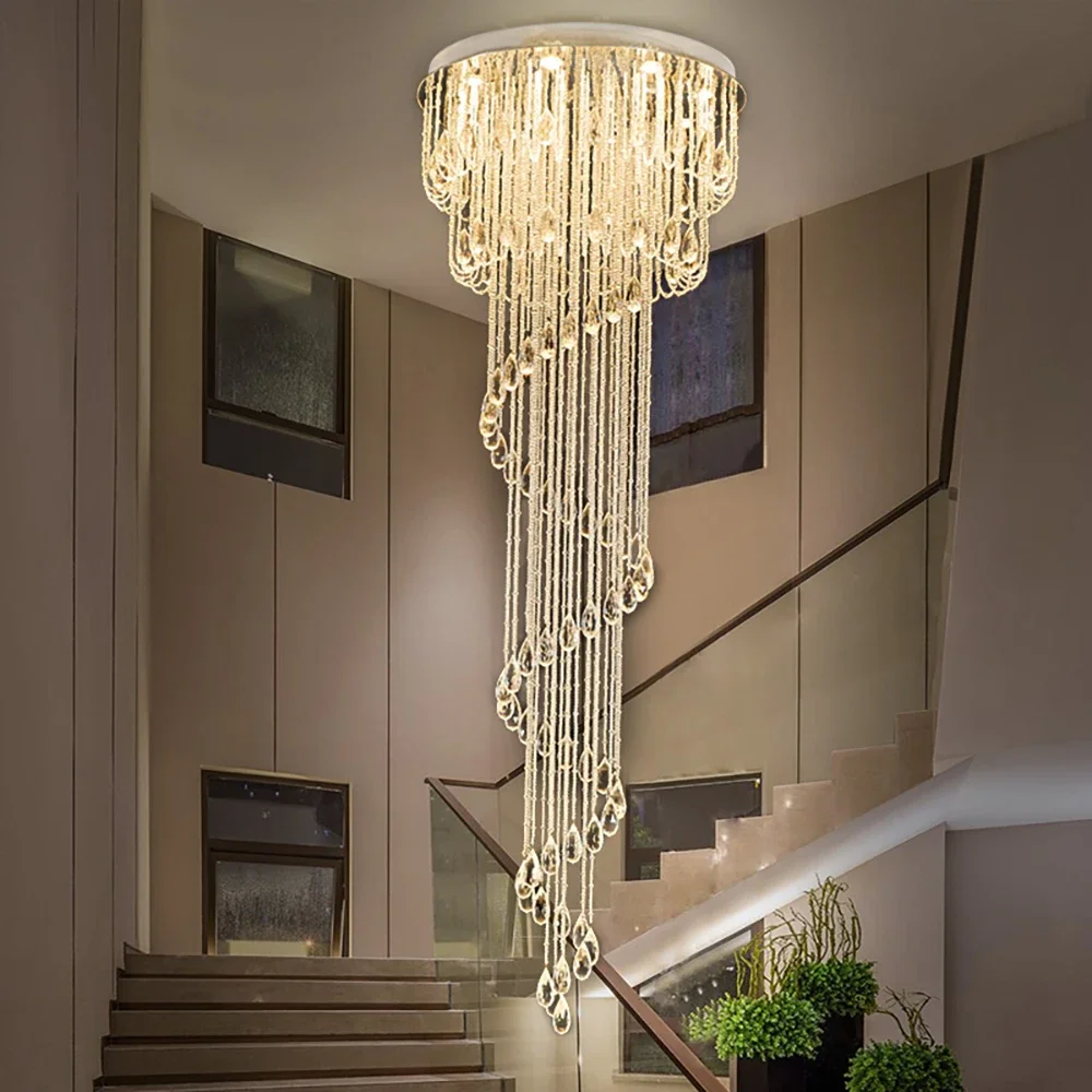 

Modern Double Spiral Staircase Lustre Crystal Ceiling Chandelier Loft Restaurant Hotel Hall Long Illumination Lights