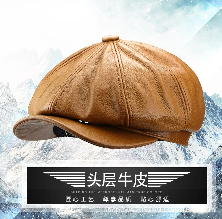 Genuine leather XXL 62cm octagonal hat; large L and XL newsboy hat; British fashion leather beret for