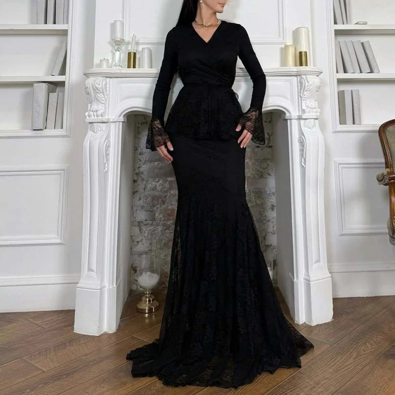 

Lady Pure Color Slim Banquet Dress Temperament O-neck Lace Embroidery Evening Dress Elegant High Waist Long Sleeve Pleated Dress
