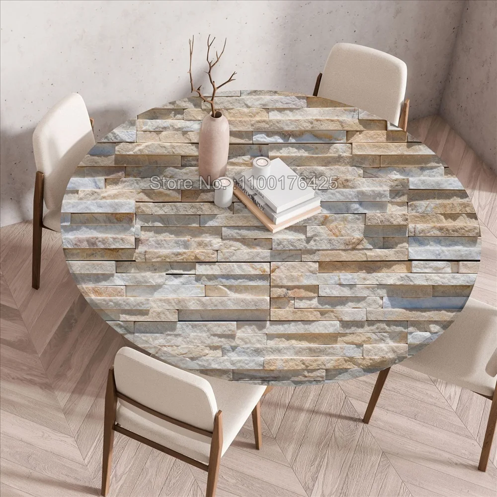 Mantel redondo con textura de madera, cubierta de mesa redonda elástica ajustada para el hogar, manteles reutilizables impermeables a prueba de