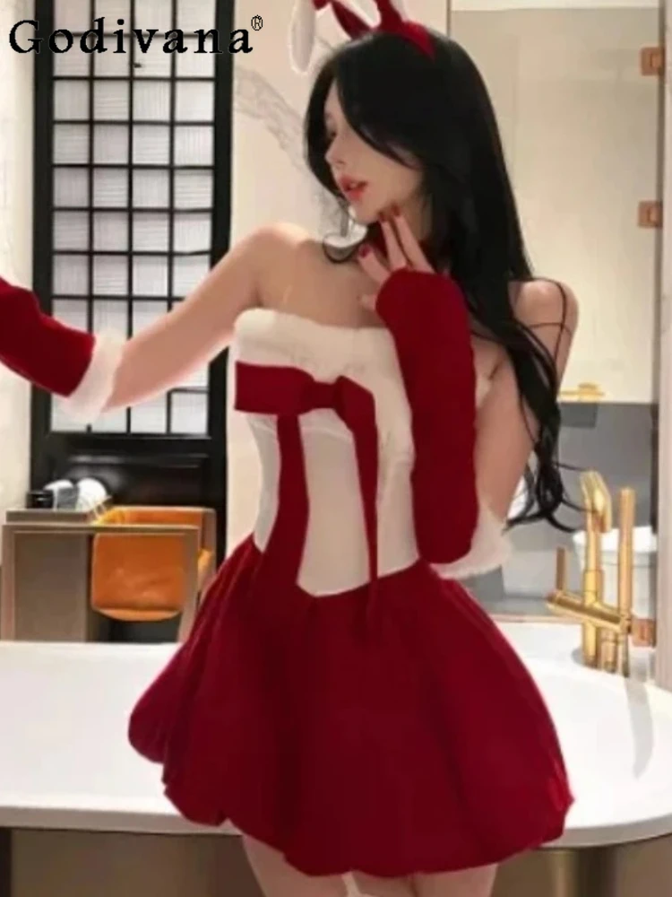 Christmas Slash Neck Sexy Strapless Bow Cos Party Dresses Girls Fashion Versatile Age Reduction High Waist Red Princess Dress