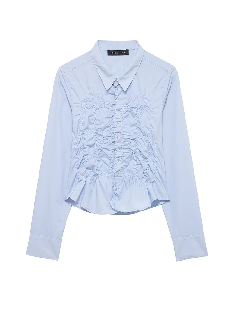 HH Women Spring Fashion Fold Decoration Single-breasted Waist Blouse Female Turn-down Collar Long Sleeve Solid Short Shirt