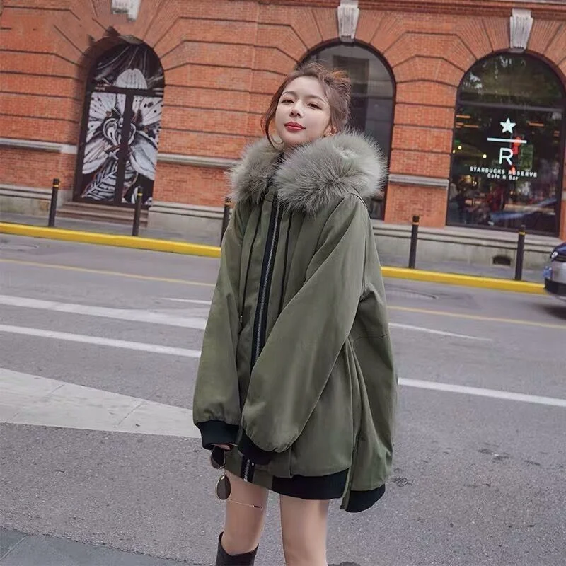 Fashion Plush Parka Jacket for Women's Korean Version Hooded and Thickened Cotton Jacket for Autumn and Winter New Student Top