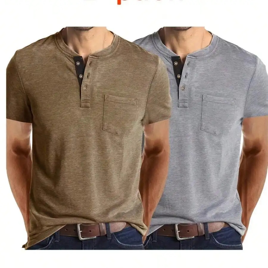 Mens Short Sleeve Henley Shirt Pack Of 2 Casual Summer T-Shirt With Pocket