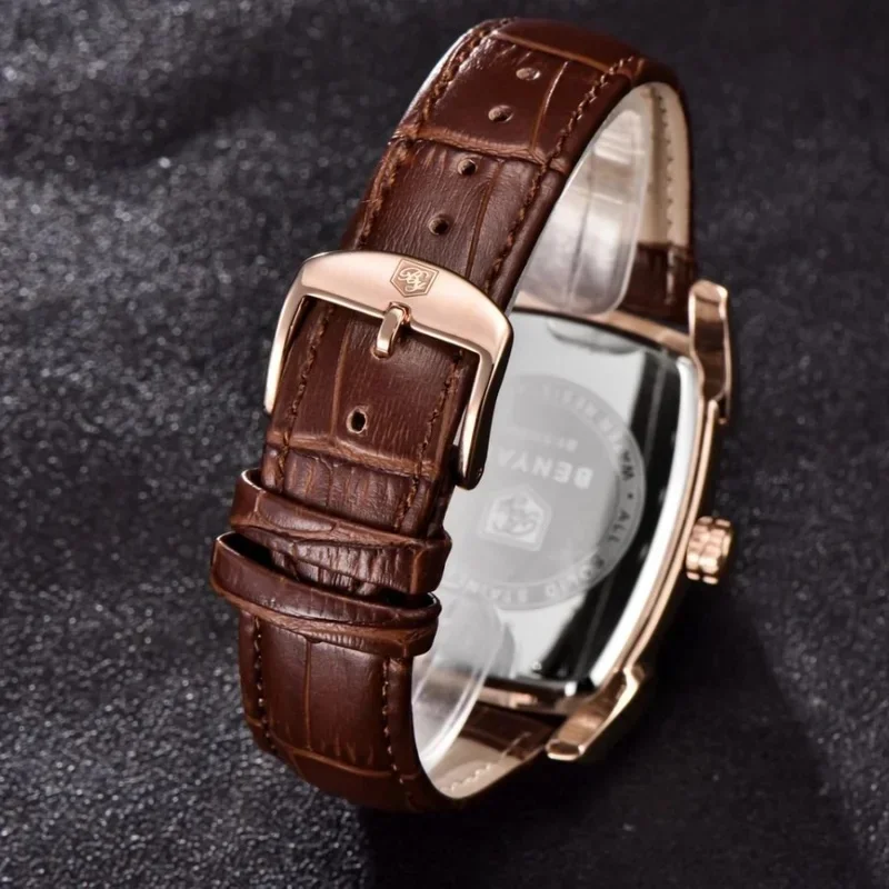 BENYAR BY-5114 Rectangular Chronograph Quartz Watch for Men, 30M Water Resistant Leather Strap Casual Sports Wristwatch