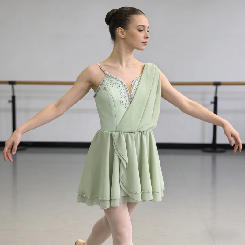 Draped Wrap Thin Strap Ballet Performance Dress V Neck Scroll Rhinestone Trim Double Layer Irregular Short Dance Dress Su