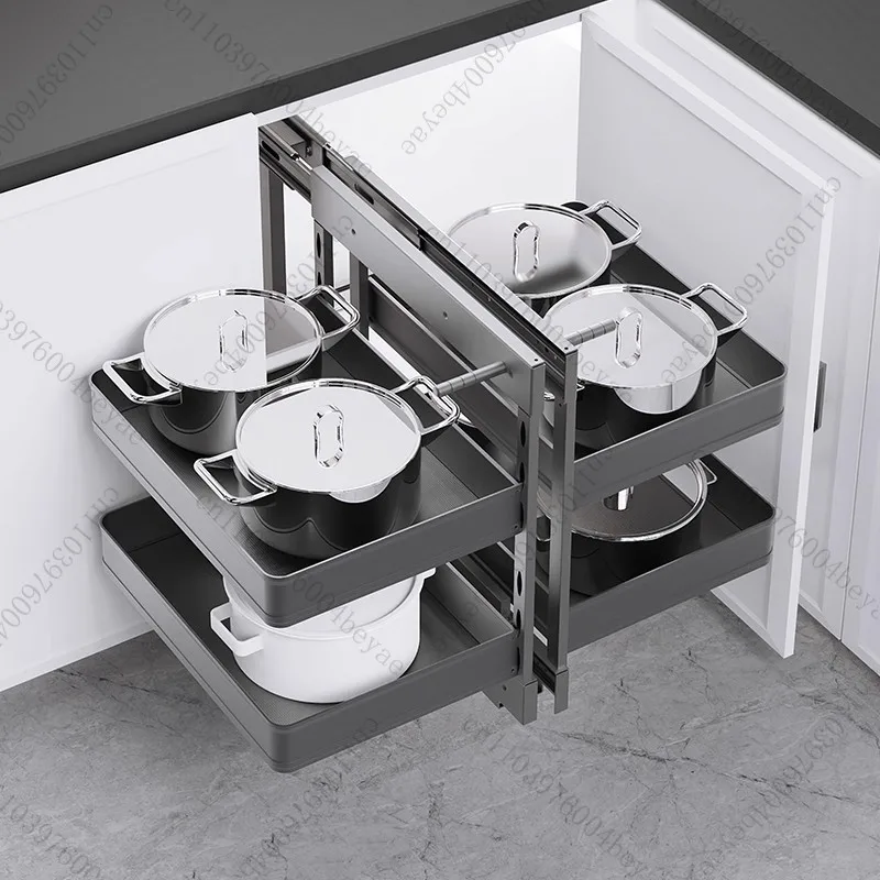 The corner basket is fully open, the kitchen cabinets are fully pulled out, and the corner doorway is fully opened.