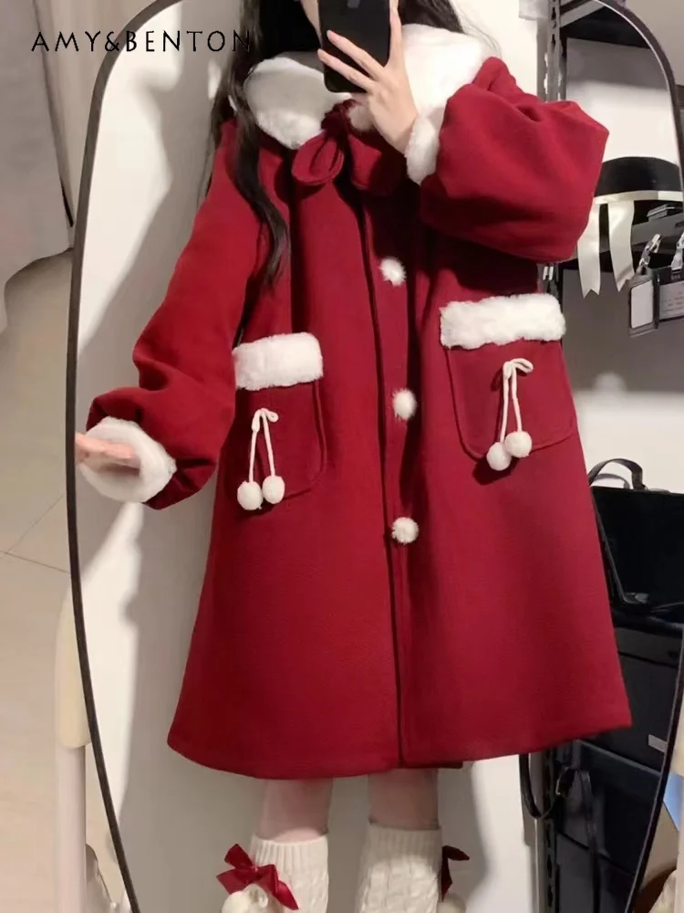 

2023 Winter New Lolita Sweet Plush Lapel Wool Coat Women Japanese Kawaii Midi Coats Ladies Students Christmas Female Clothes