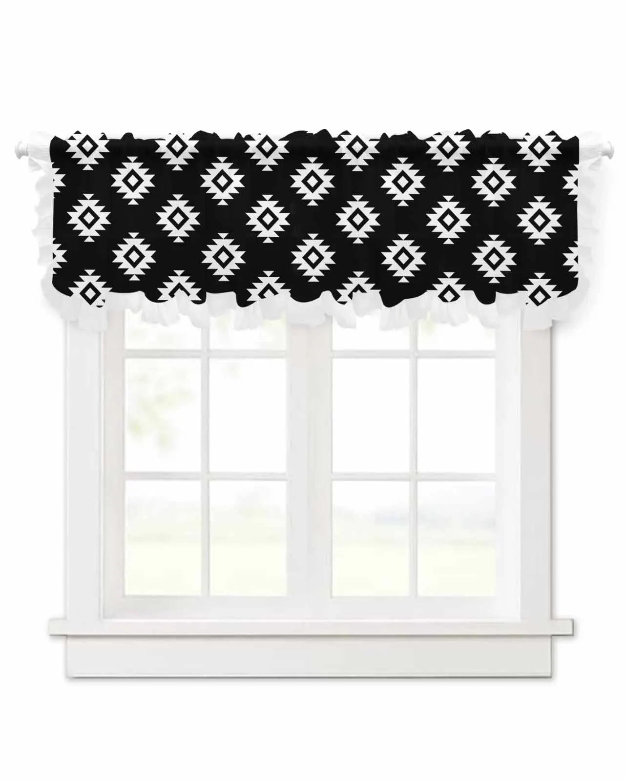 Boêmio Sheer Valance cortinas, Curto Tulle meia cortinas, Textura asteca, Preto, Sala de estar, Porta da cozinha, Café, Janela