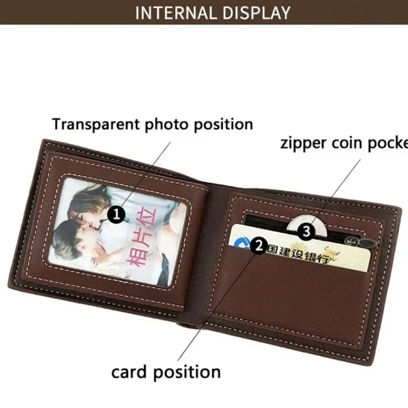 محفظة رجالية من جلد البولي يوريثان الفاخر مع سحاب - اسم شخصي منقوش، جيب للعملات المعدنية وحامل بطاقات - هدية له، الأب، Boyfrie