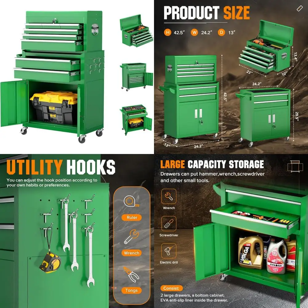 Сверхмощный комбинированный ящик для инструментов с 8 ящиками - запираемый стальной гаражный ящик для инструментов на колесах с черной подкладкой