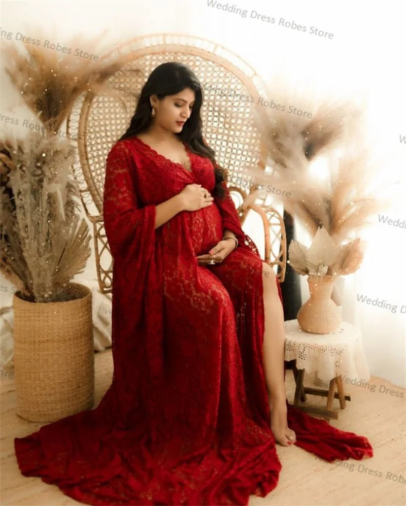 Red Lace Women Pregnant Prom Dress V Neck Full Sleeves Evening Gowns Sexy Evening Gown Birthday Robes Custom Made Prom Skirt