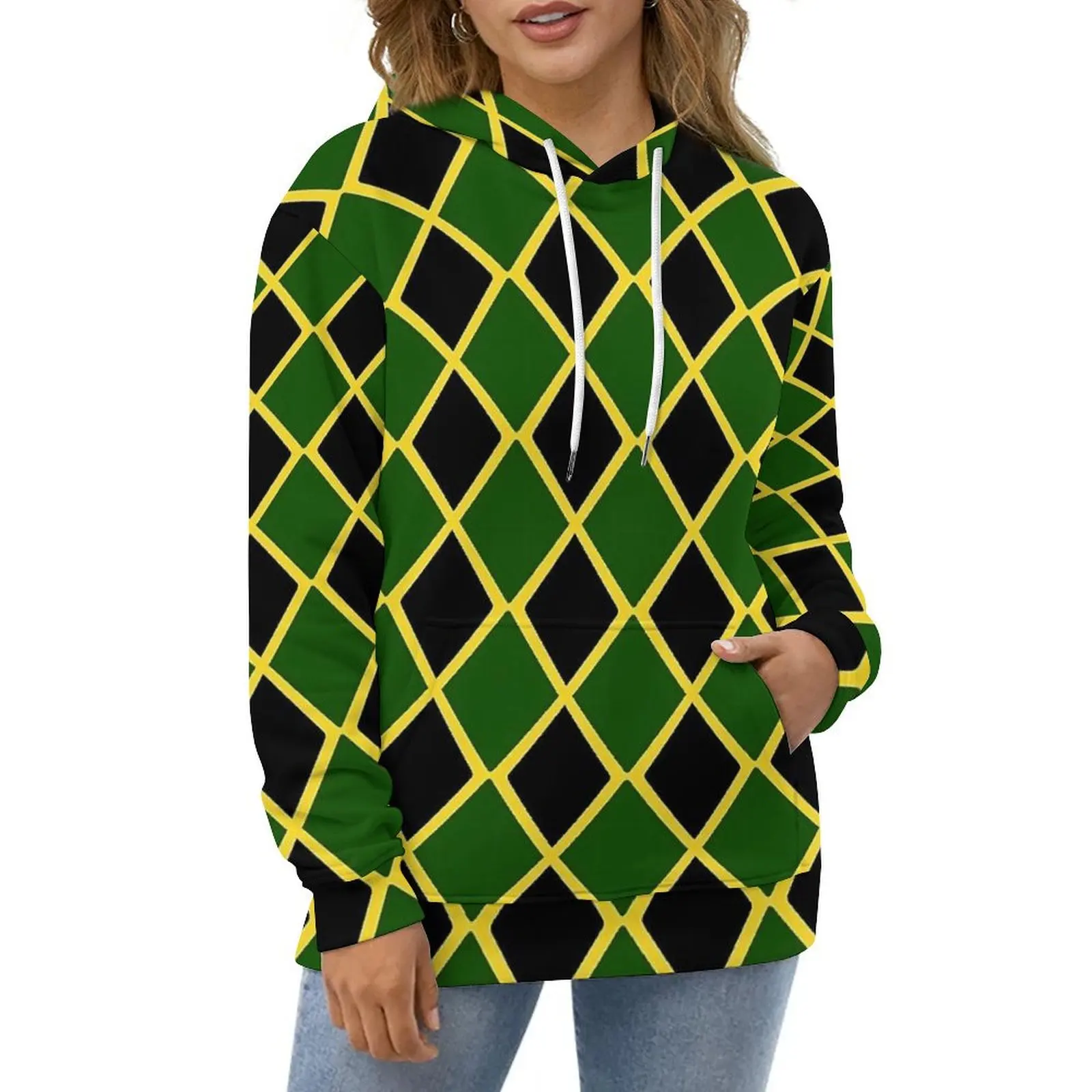 Bandeira jamaicana casual hoodies verde e amarelo y2k gráfico solto hoodie inverno manga longa harajuku roupas de grandes dimensões