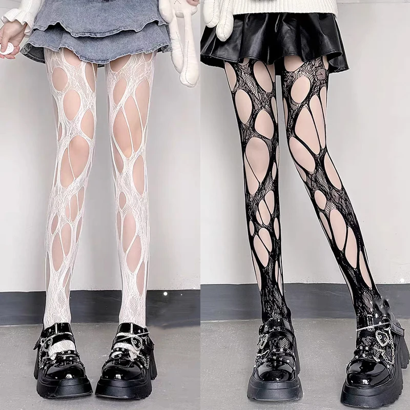 Sexy Hollow Out Pantyhose Women Punk NylonTights Stockings Leggings JK Lolita Hosiery Female Broken Hole Fishnets Streetwears