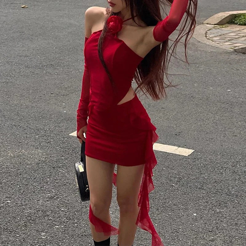 BKLD Red Dance Party Holiday Street Matching Outfits For Hottie Girls 3D Flower Halter Cropped Tank Tops+Side Trim Ribbon Skirts