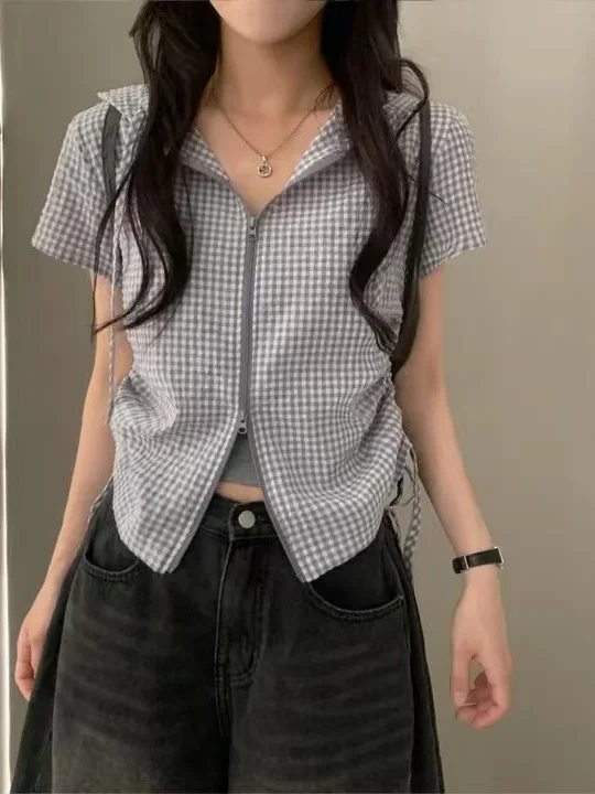 

Women's Plaid irt Top with Hood Zipper Side Dstring Waist Slimming Thin Outerwear Faionable Cotton Commute Sle