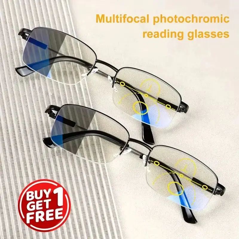 2pcs Photochromic Multifocal Reading Glasses Men & Women - Buy 1 Get 1 Free, Anti-Blue Ray Progressive Lenses With Metal Frames
