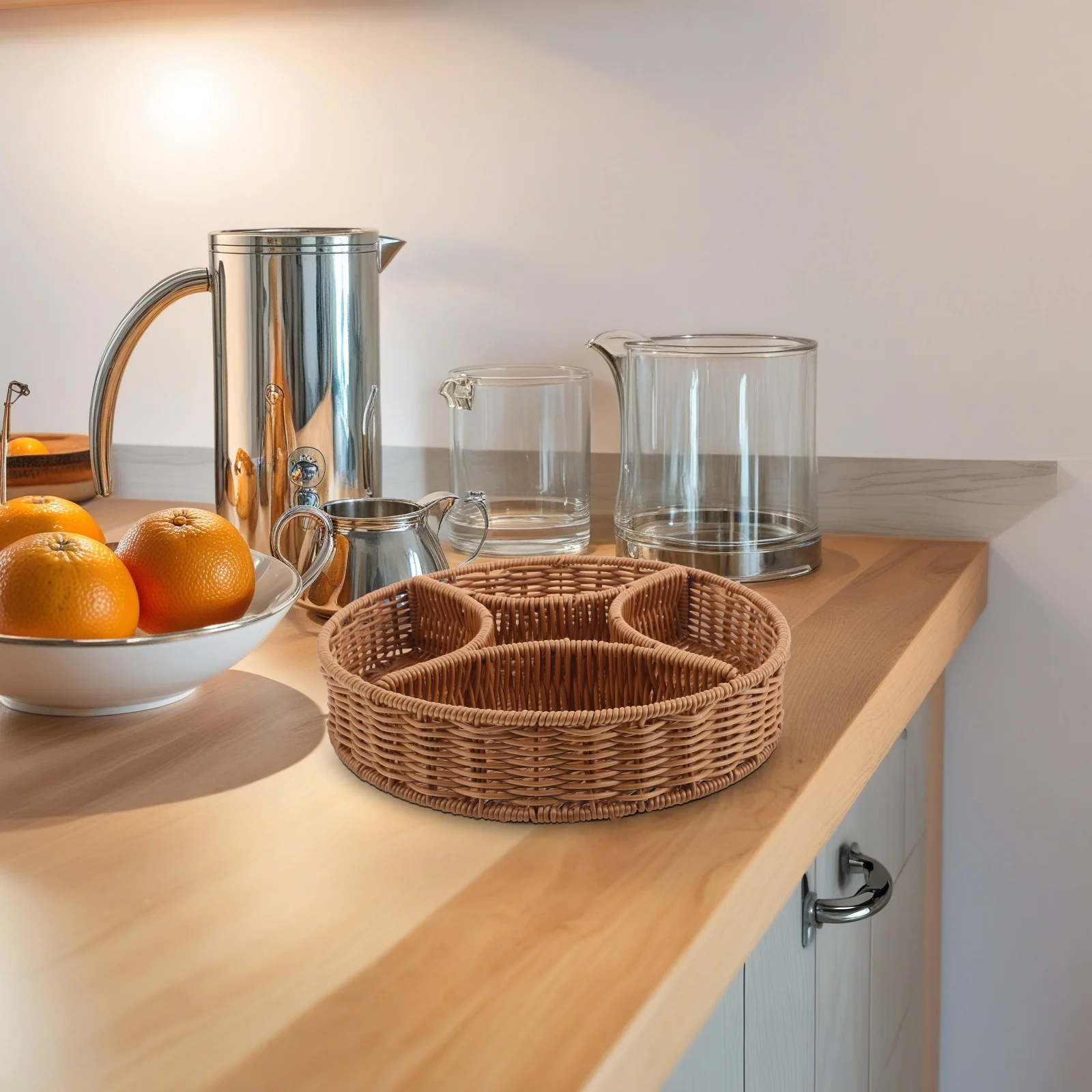 

Multifunctional Imitation Rattan Woven Storage Basket Snack Tray Divider Fruit Vegetable Container For Home Picnic Portable