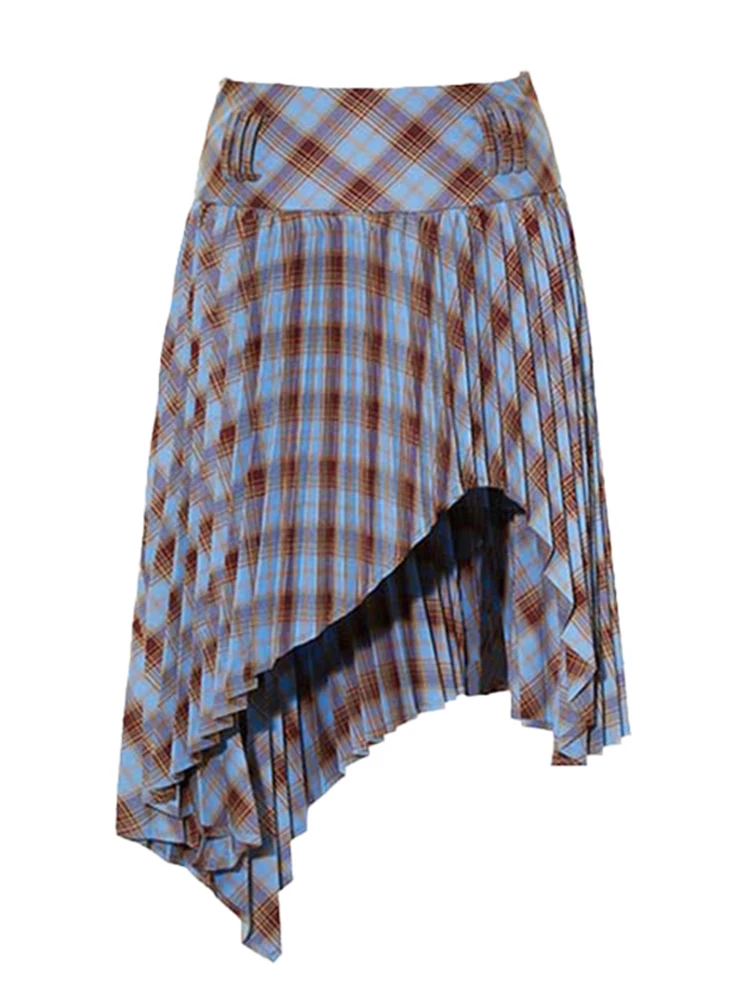 

Summer Women Vintage Preppy Pleated Midi Plaid Irregular Skirt Gyaru 2000s Aesthetic Korean Fashion Y2k Streetwear Design E-girl