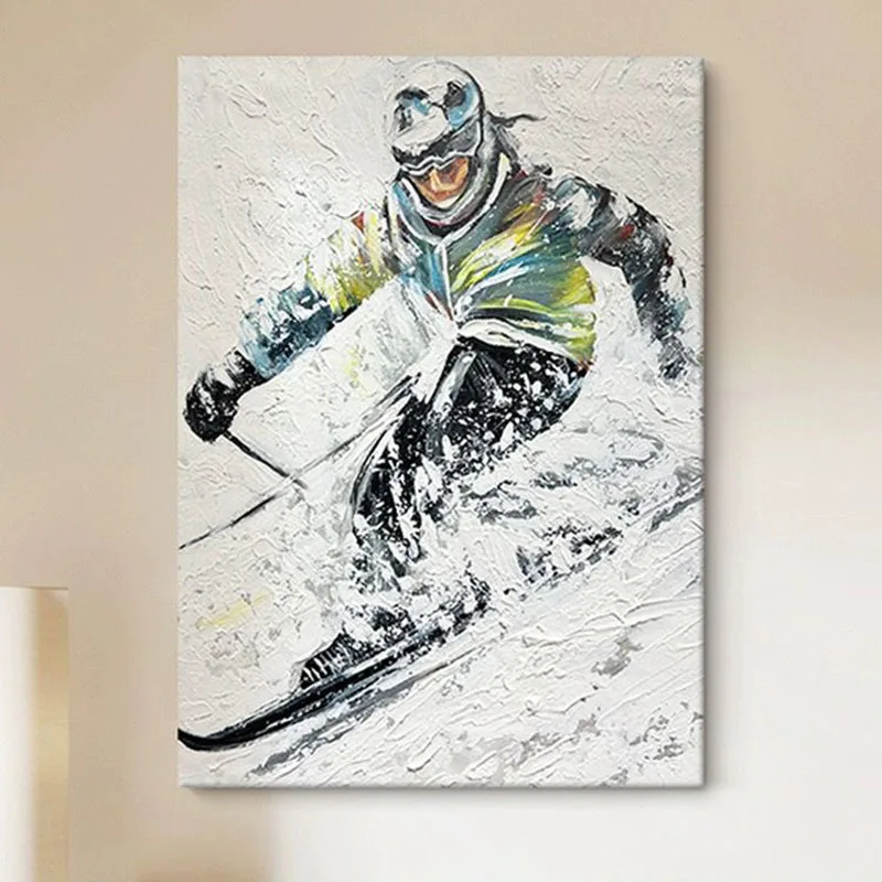 Pure Handmade Oil Painting Skiing Sports Living Room Figure Decoration Painting Living Dining Room Sofa Background Wall Hanging