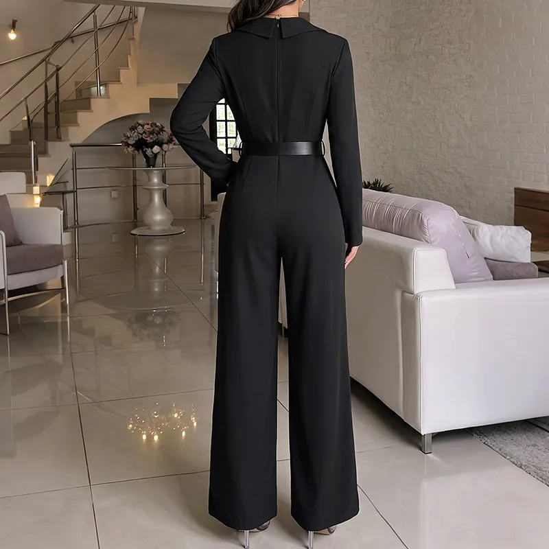 Women's And Elegance Women High Waist Belted Jumpsuit with Slit Flare Leg Long Sleeve Knit Metal Detail for Woman Black Double