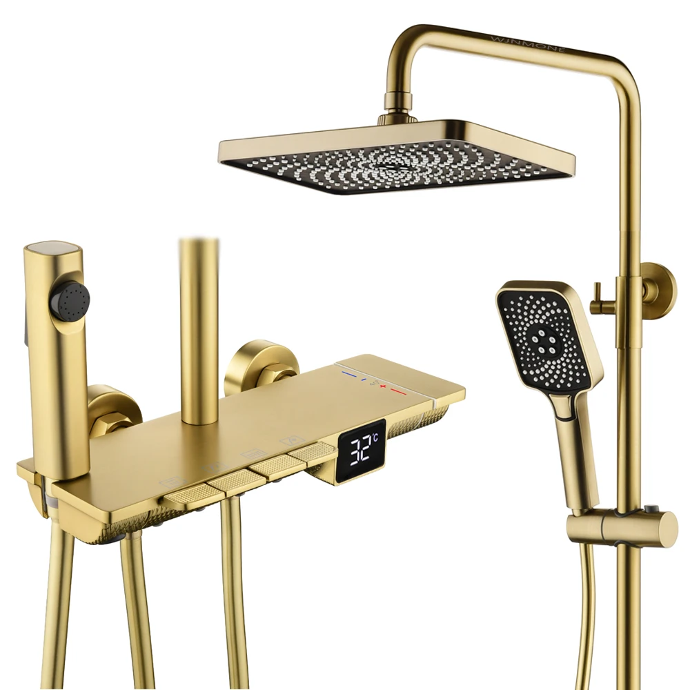 

High End Digital Smart Bathroom Faucet Brass Mixer Tap 4 Way Pressurized Bathtub Showers System Thermostatic Rainfall Shower Set