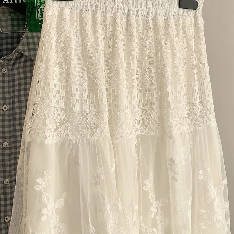 Taille haute dentelle f jupe artistique chinois Sle couleur Pure jupe longue femmes Faion printemps été saison fibre de Polyester