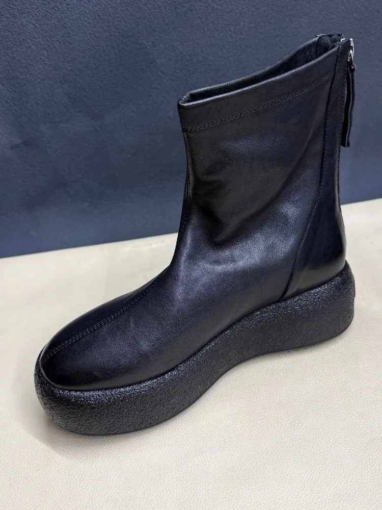 Concise Female Genuine Leather Round Toe Chunky Heel Ankle Boots Fashion Solid Color Cowhide Zipper Hard Wearing Footwear