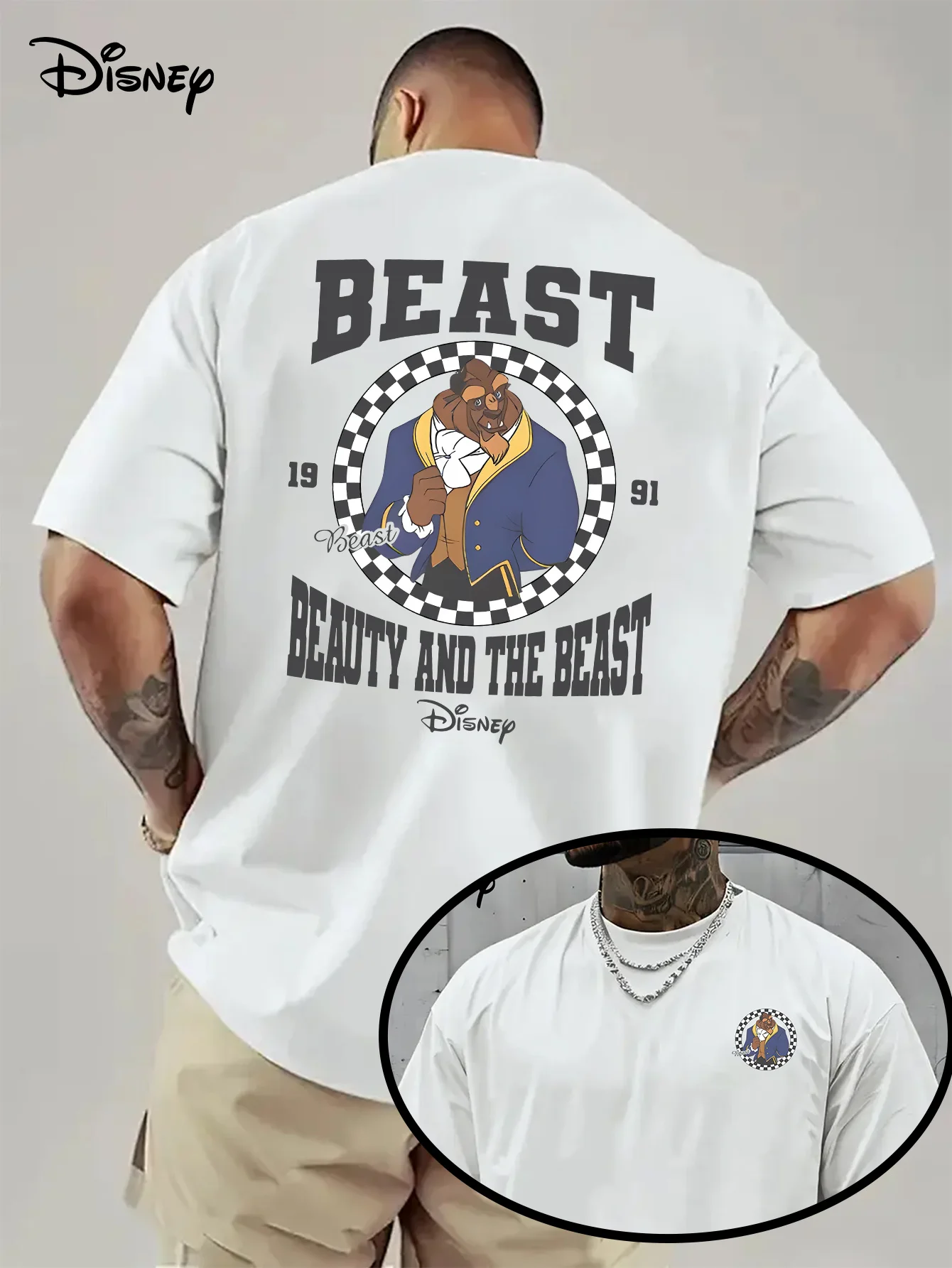 تي شيرت صيفي للرجال من Disney Beauty and The Beast ملابس ترفيهية يومية وأنشطة موضوعية للجنسين قطن بأكمام قصيرة كبيرة الحجم
