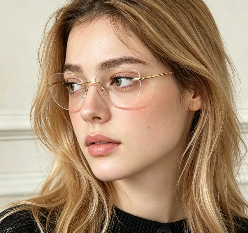 Frameless cat eye prescription glasses, ultra lightweight customized for myopia, astigmatism, and anti blue light women