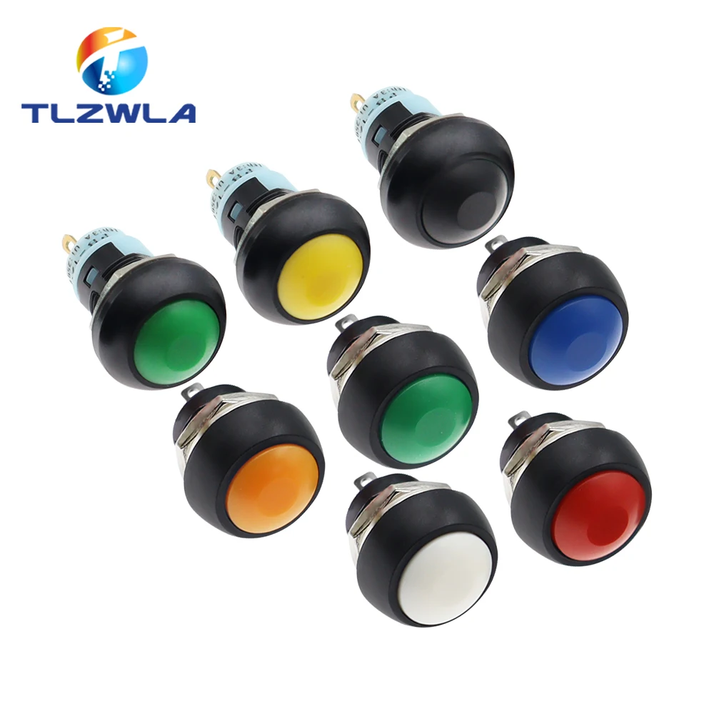 10PCS DIY Mini 12mm Momentary Waterproof Push Button Switch Horn Blue White Green Red Yellow Black 1A 250V Self-reset