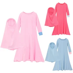 Girls Ramadan Muslim Sets Children Long Robe with Headscarf Islamic Plain Khimar Jilbab Prayer Dress Eid Hijab Abaya Arab Kids