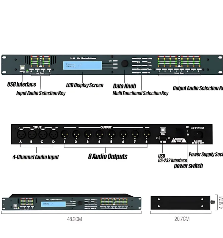 Paulkitson 4.8sp Professioneller Digitaler Audioprozessor 4-Eingänge 8-Ausgänge Bass-Divider Linear-Array-Prozessor für Live-Bühnenauftritte – Detail 7