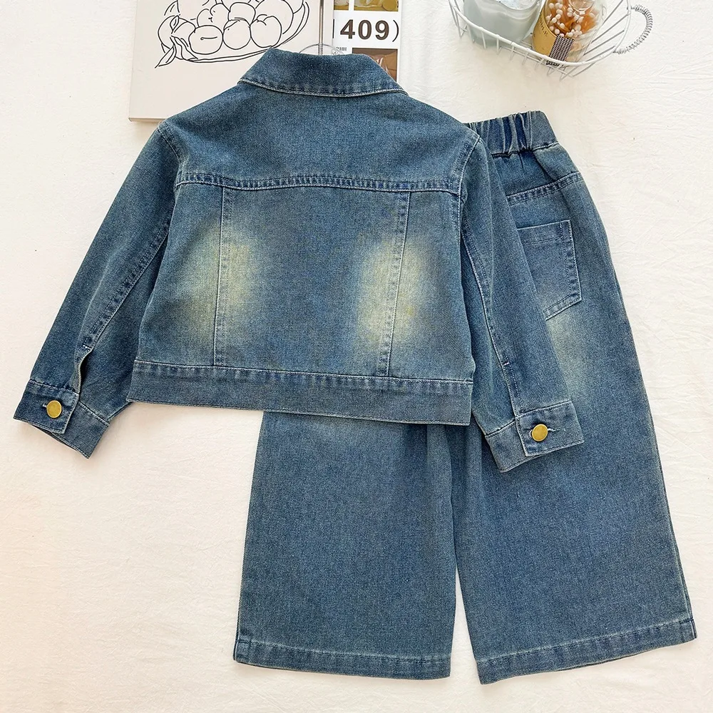 Girl's fringed pocket buckle washed and worn short denim two-piece set, autumn elastic waist wide leg pants set, trendy