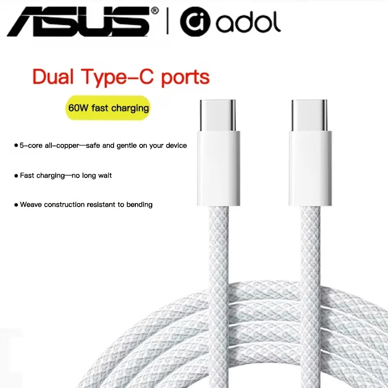 Cable de Carga Rápida ASUS Tipo C a Tipo C PD 60W 1m 2m para Teléfono Móvil, Cable de Datos para iPhone 16 17 Samsung Huawei, Cable Cargador USB C a C