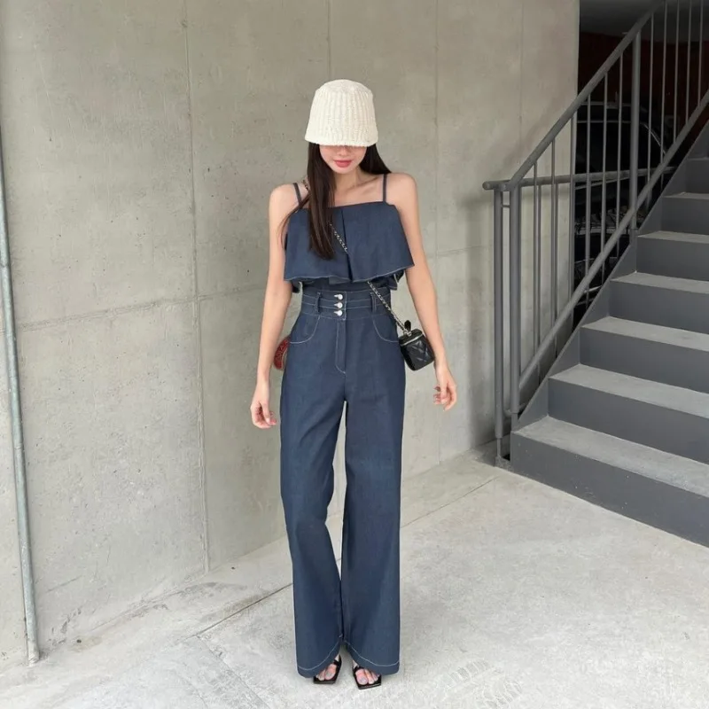 

French Denim Suit Women's Summer Off Shoulder Camisole Top High Waist Wide Leg Pants Two-piece Set Fashion Female Clothes