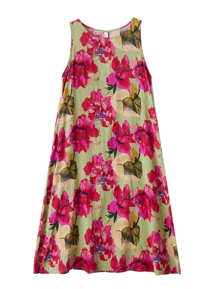 ขนาดใหญ่ฤดูร้อนแขนกุด A-Line ชุดผู้หญิงดอกไม้พิมพ์ดอกไม้แฟชั่นหลวมสบายๆสุภาพสตรีชุด Ruffle ชุดผู้หญิง