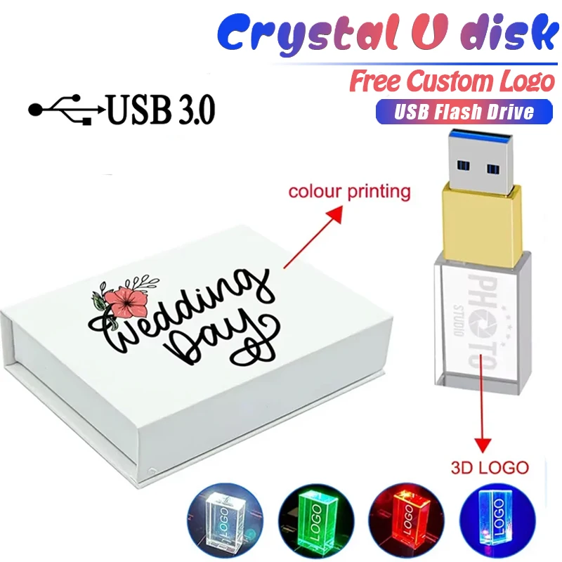 

Colorful LED USB3.0 Flash Drive 128GB Crystal Premium Pendrive 64GB Free Custom Logo 32GB Transparent Glass Memory Stick Light